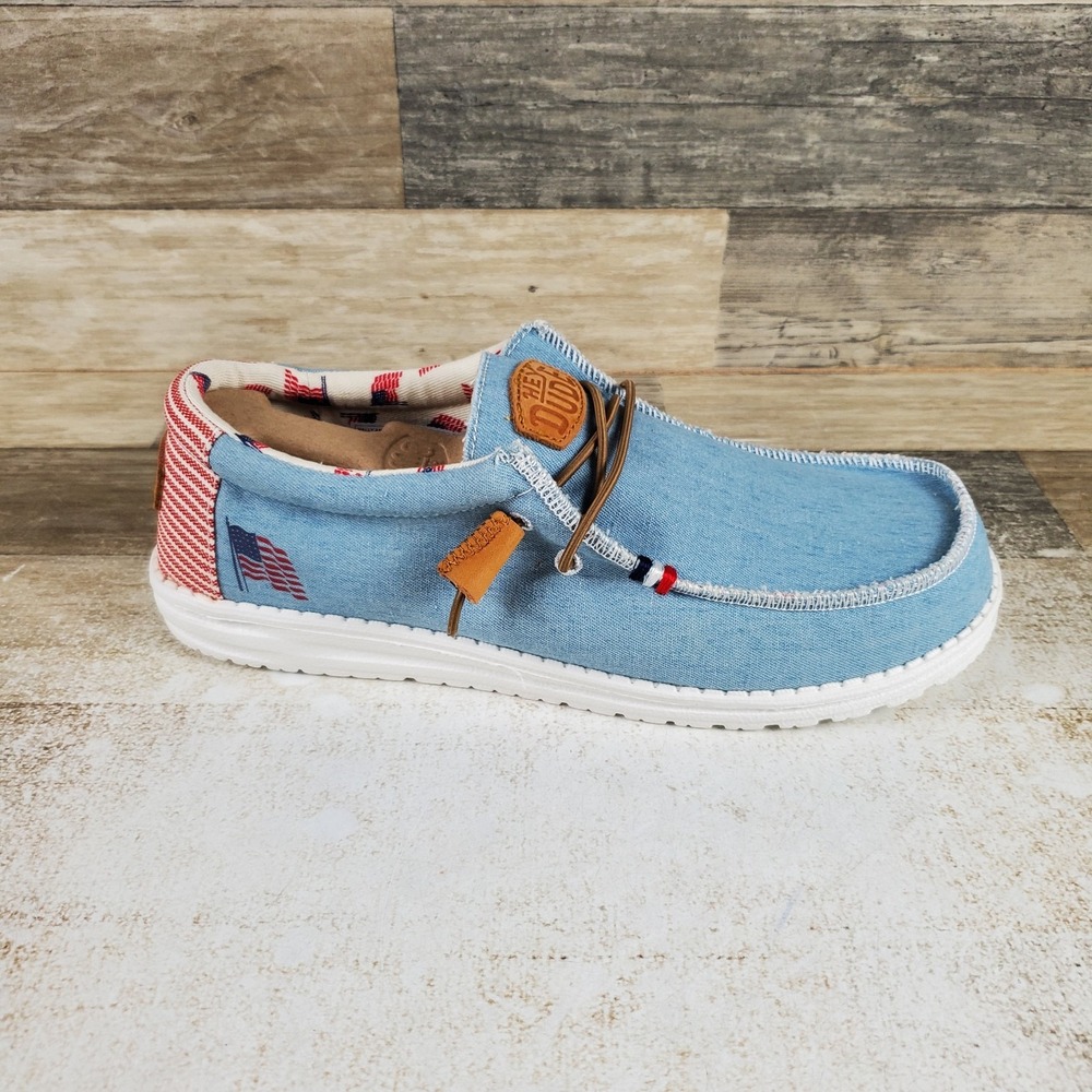 Hey Dude Wally Americana Denim Stripe Loafers Mens 9 / Womens 11 Blue Slip On